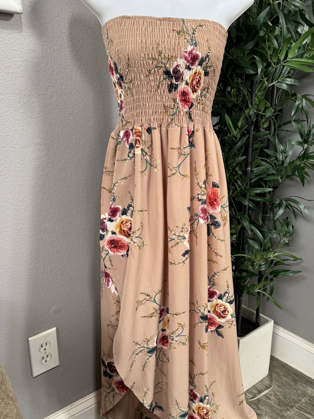 Strapless Floral Smocked Maxi Dress in Beige